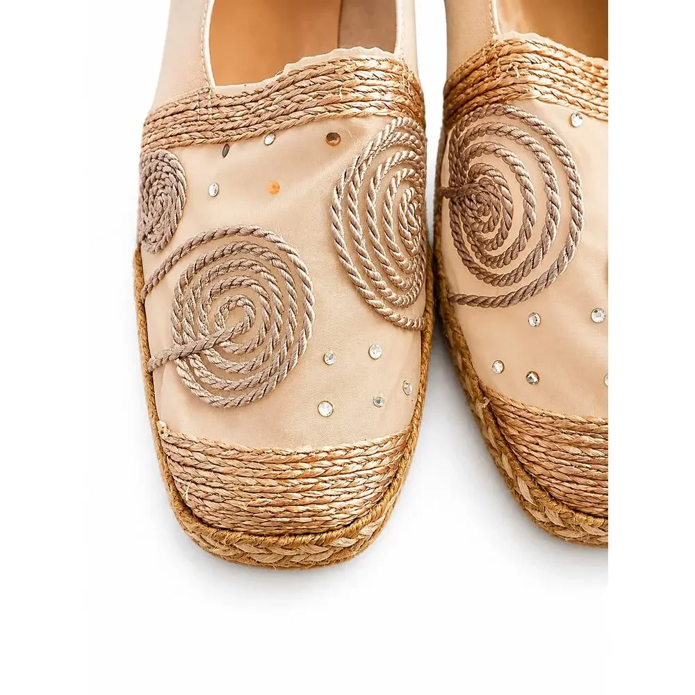 VTG Stuart Weitzman 7.5B Embroidered Mesh Leather Espadrille Wedge Shoes